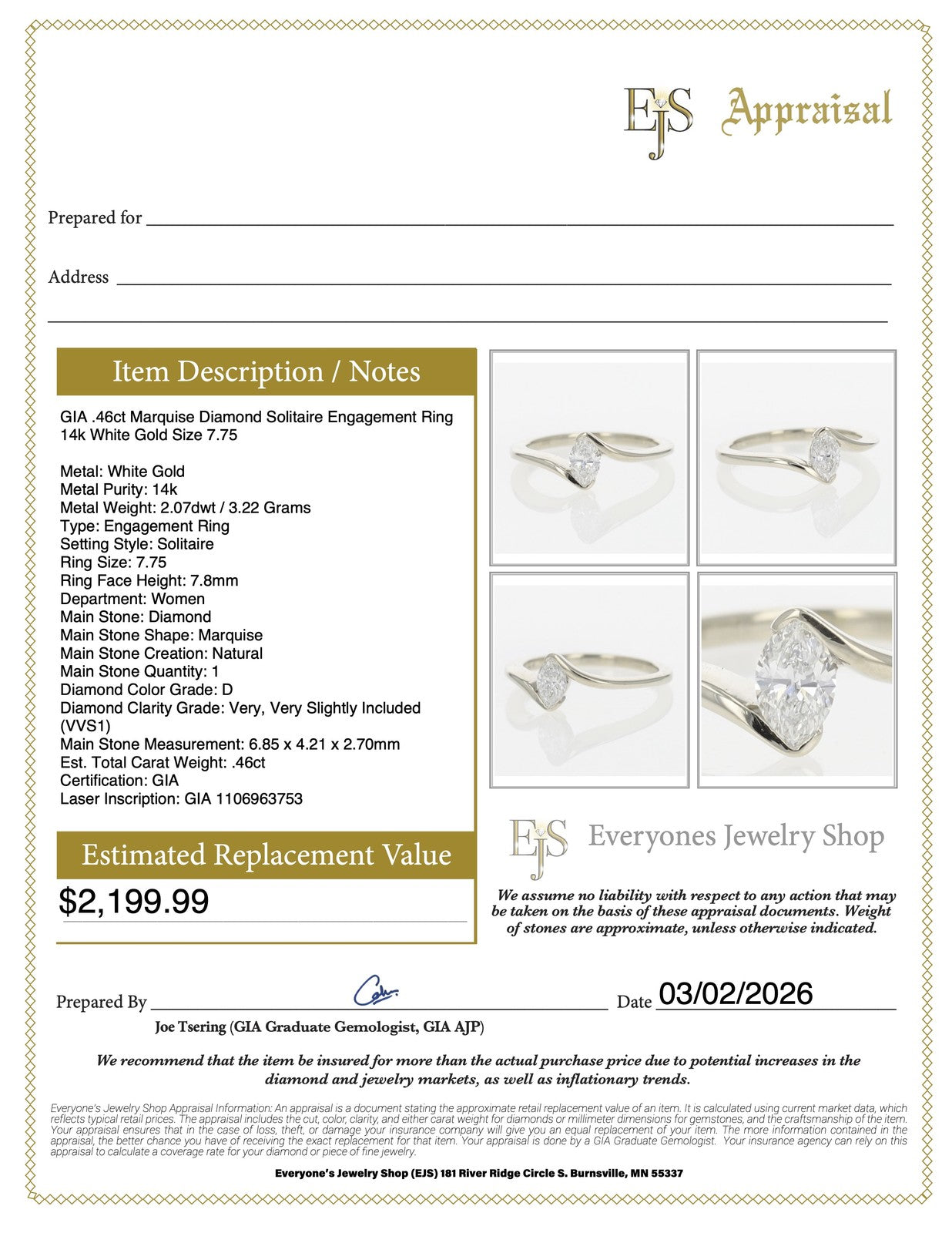 0.46ct Marquise Diamond Solitaire Ring — GIA Certified, 14k White Gold