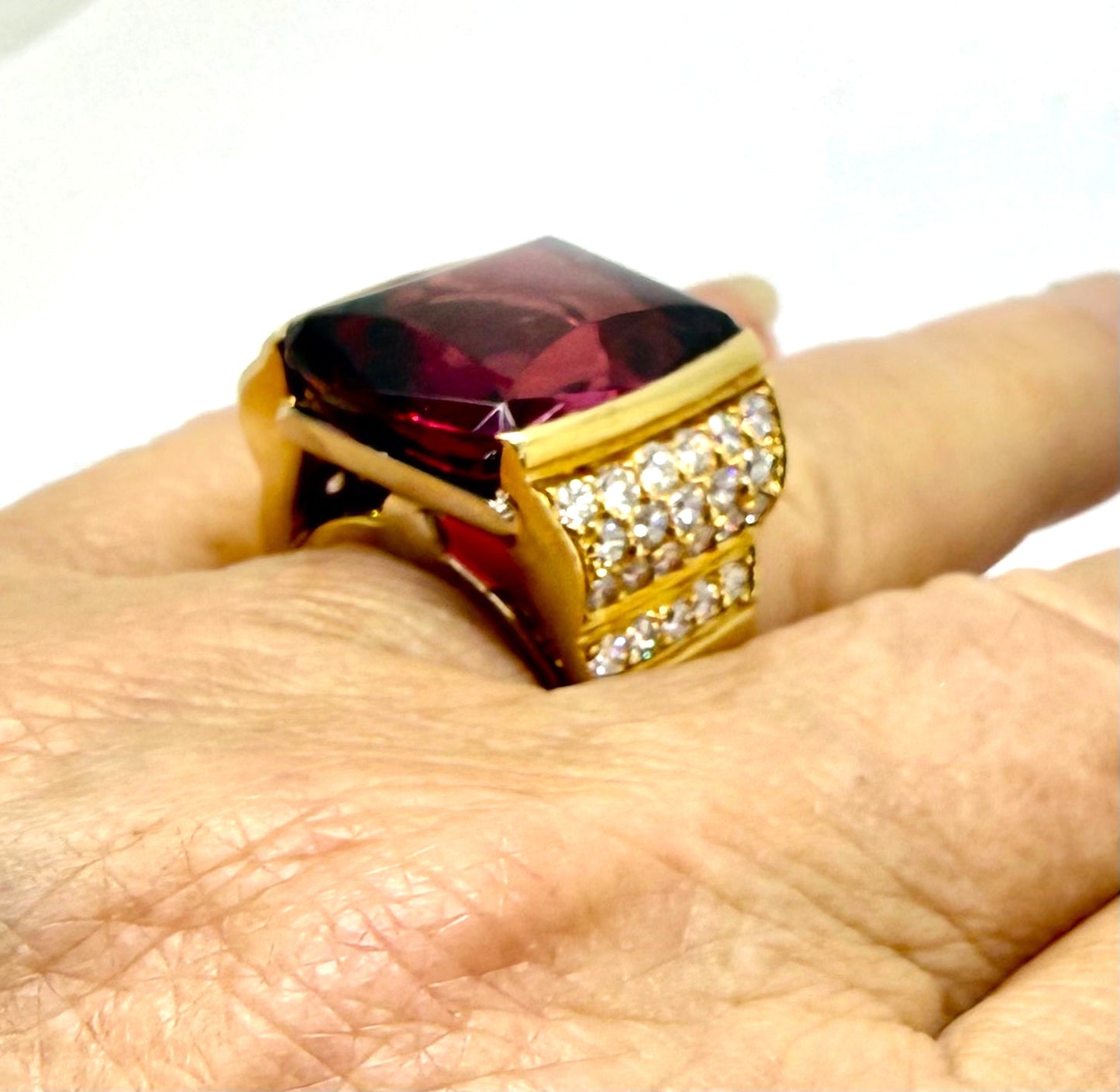 20ct Cushion Rubelite Tourmaline & Diamond Ring — GIA Certified, 18k Yellow Gold