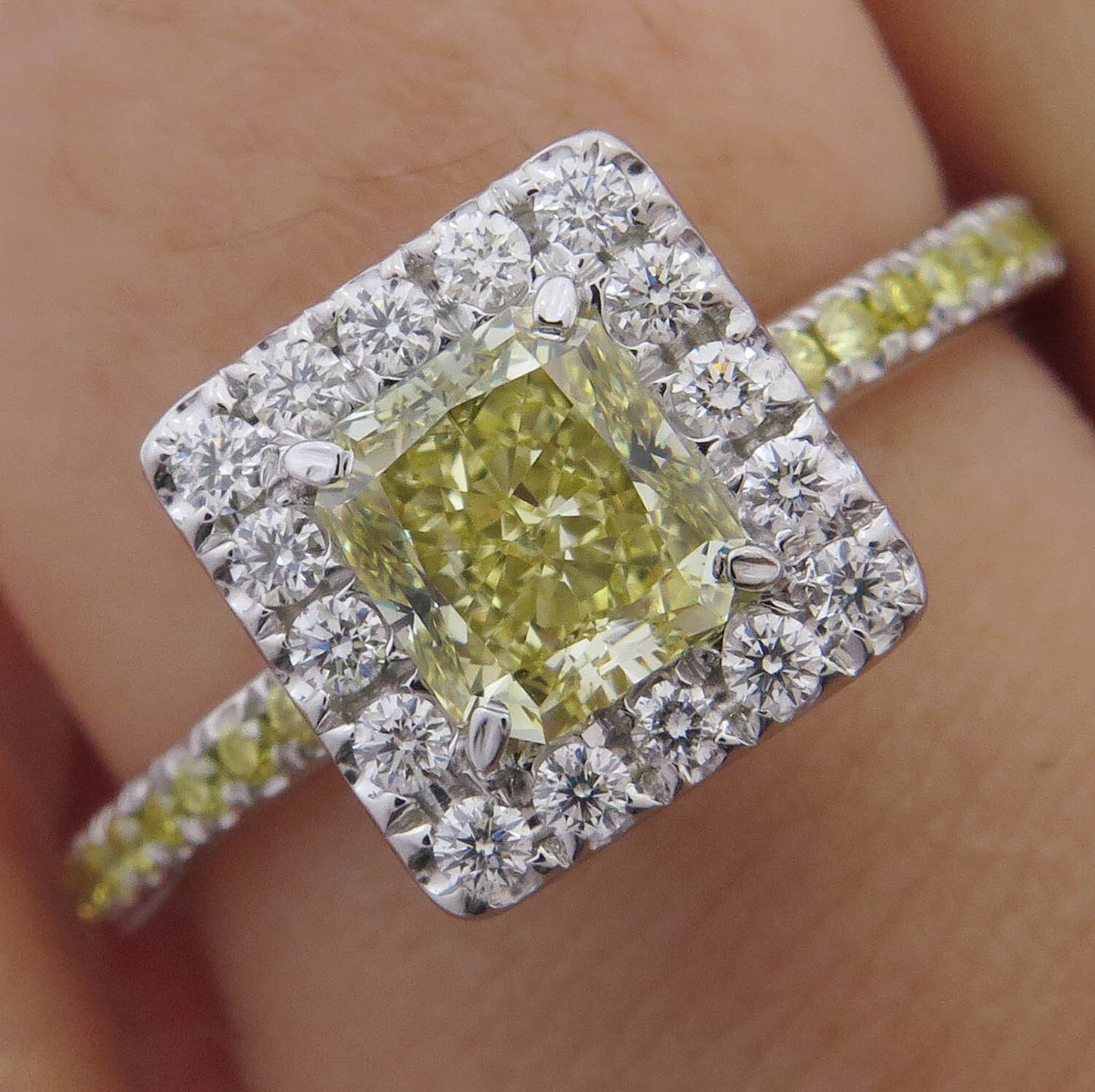 1.55ct Fancy Yellow Radiant Diamond Halo Engagement Ring — GIA Certified, Platinum