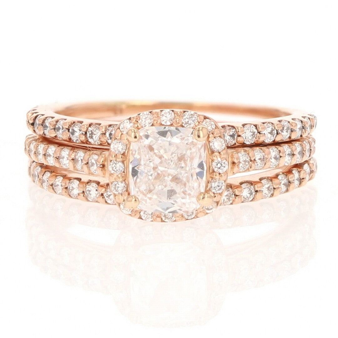 1.41ct Cushion Diamond Halo Pavé Wedding Set — GIA Certified, 14k Rose Gold