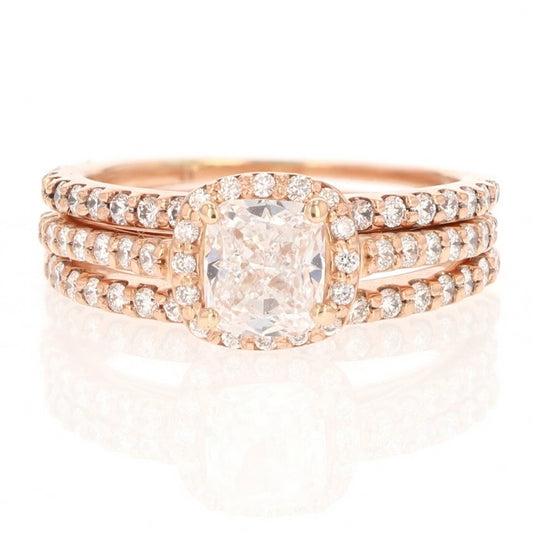 1.41ct Cushion Diamond Halo Pavé Wedding Set — GIA Certified, 14k Rose Gold