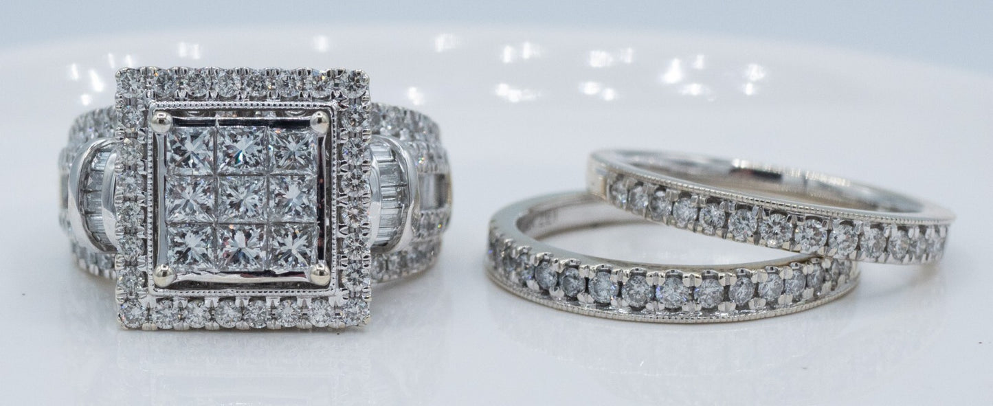 3.19ct Princess Cut Diamond Halo Wedding Set — GIA Certified, 14k White Gold