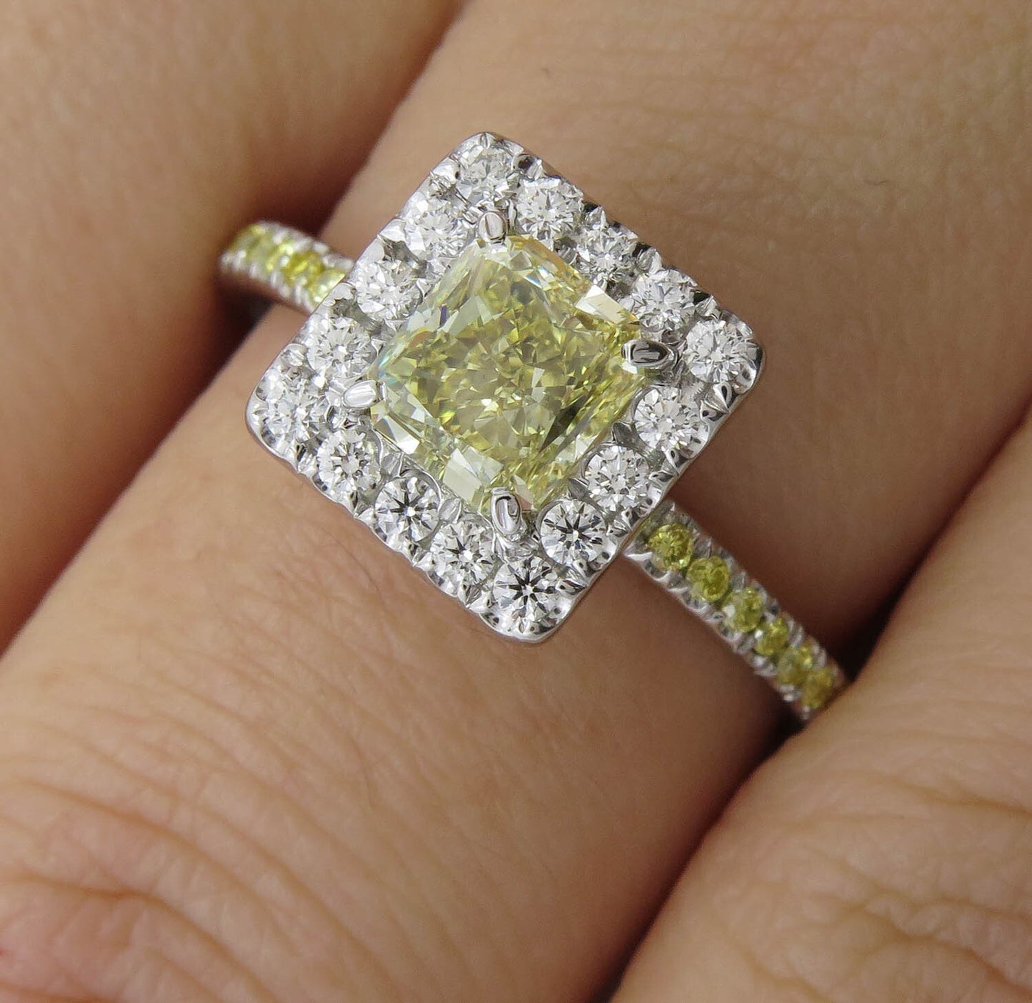 1.55ct Fancy Yellow Radiant Diamond Halo Engagement Ring — GIA Certified, Platinum