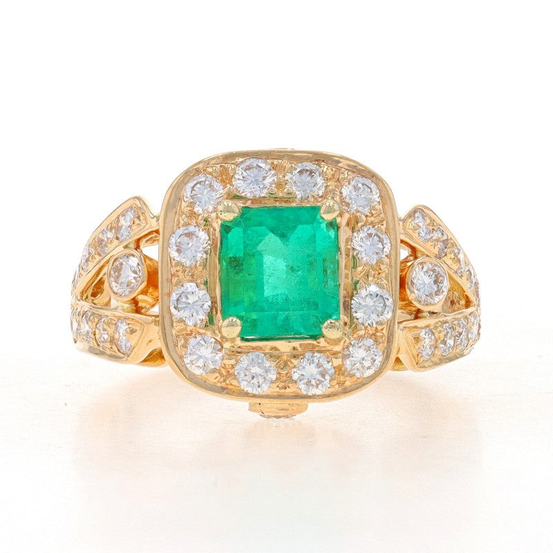 1.40ct Octagonal Green Emerald Diamond Halo Ring — GIA Certified, 18k Yellow Gold