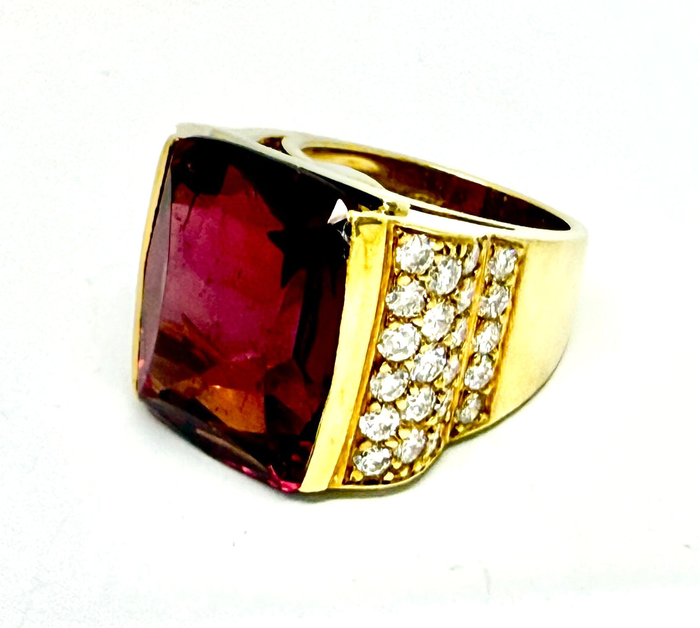 20ct Cushion Rubelite Tourmaline & Diamond Ring — GIA Certified, 18k Yellow Gold