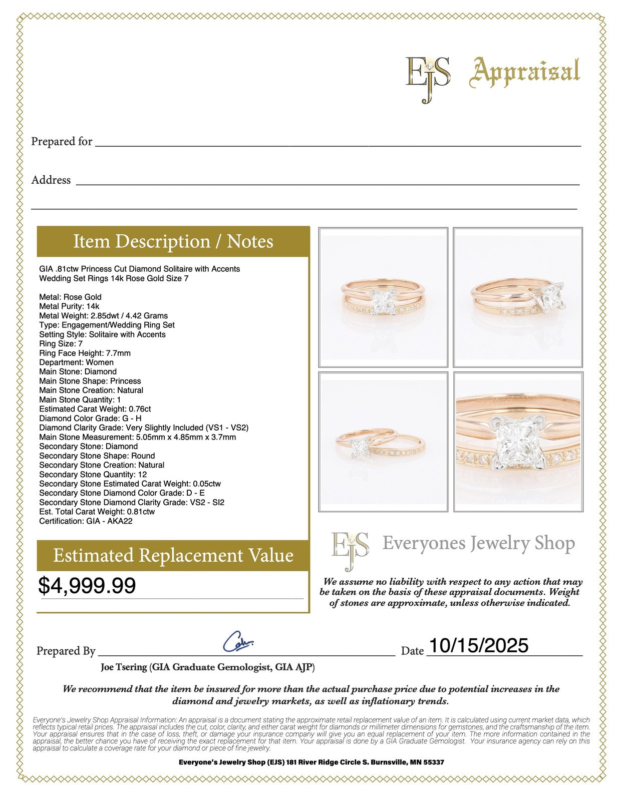 0.81ct Princess Diamond Solitaire with Accent Ring — GIA Certified, 14k Rose Gold