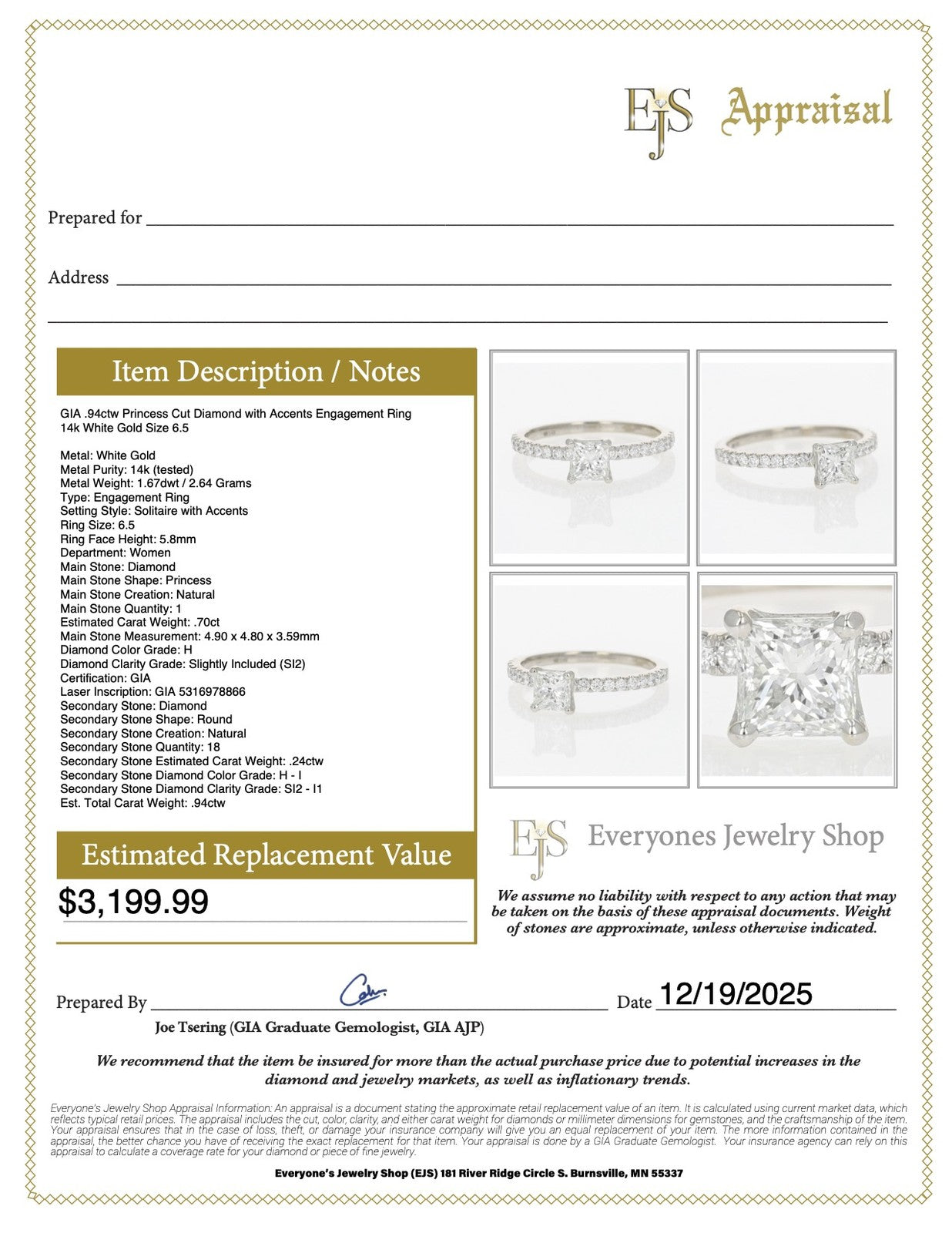 0.94ct Princess Diamond Solitaire Engagement Ring — GIA Certified, 14k White Gold