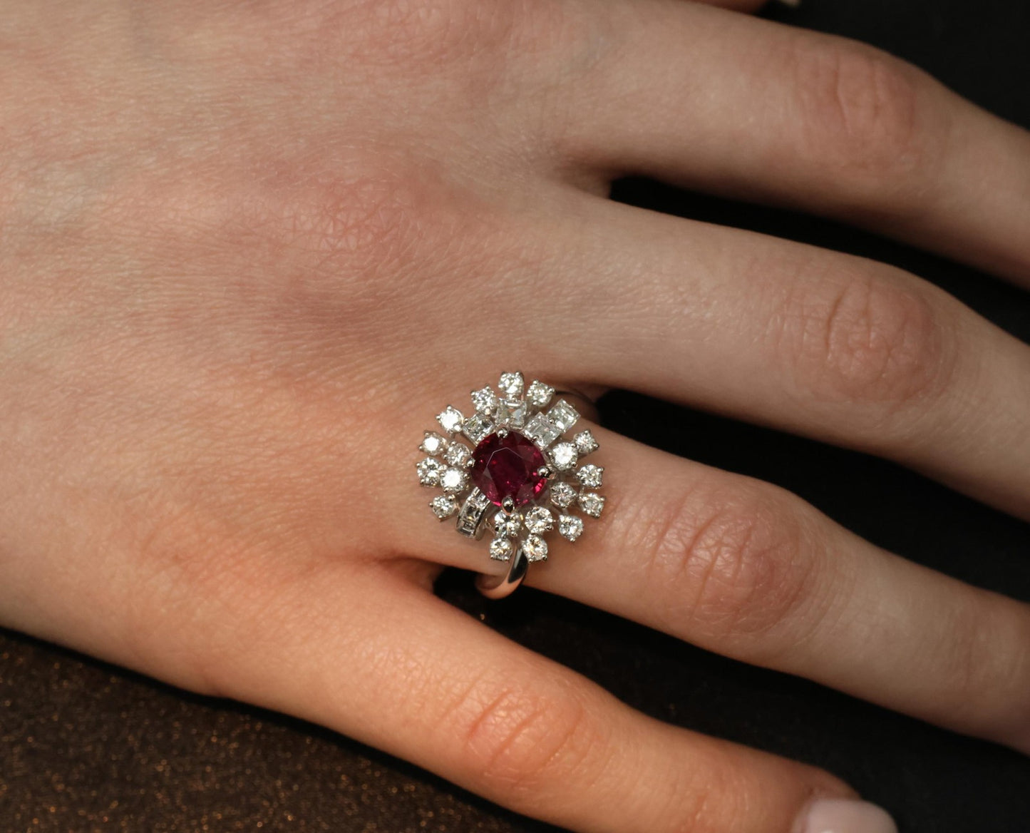 1.67ct Cushion Ruby & 1.50ct Diamond Cocktail Ring — GIA Certified, 18k White Gold