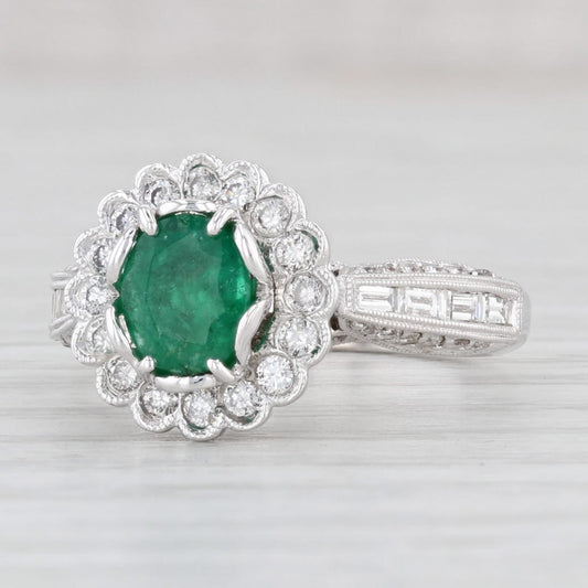 1.12ct Oval Emerald Diamond Halo Engagement Ring — GIA Certified, 18k White Gold