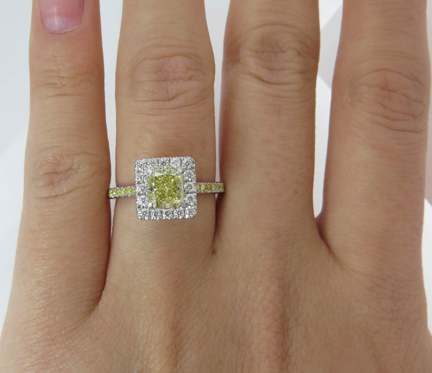 1.55ct Fancy Yellow Radiant Diamond Halo Engagement Ring — GIA Certified, Platinum