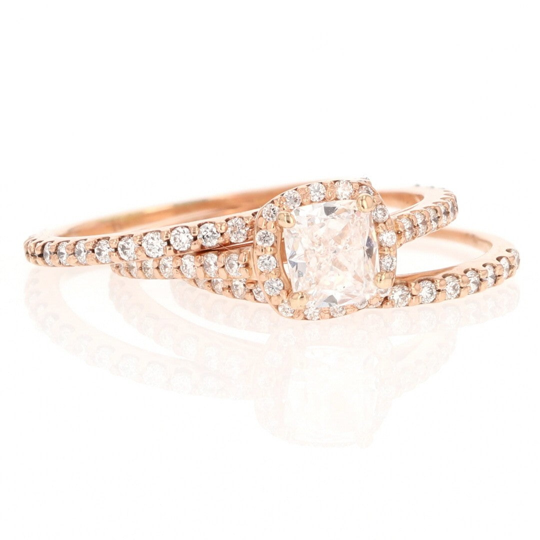 1.41ct Cushion Diamond Halo Pavé Wedding Set — GIA Certified, 14k Rose Gold