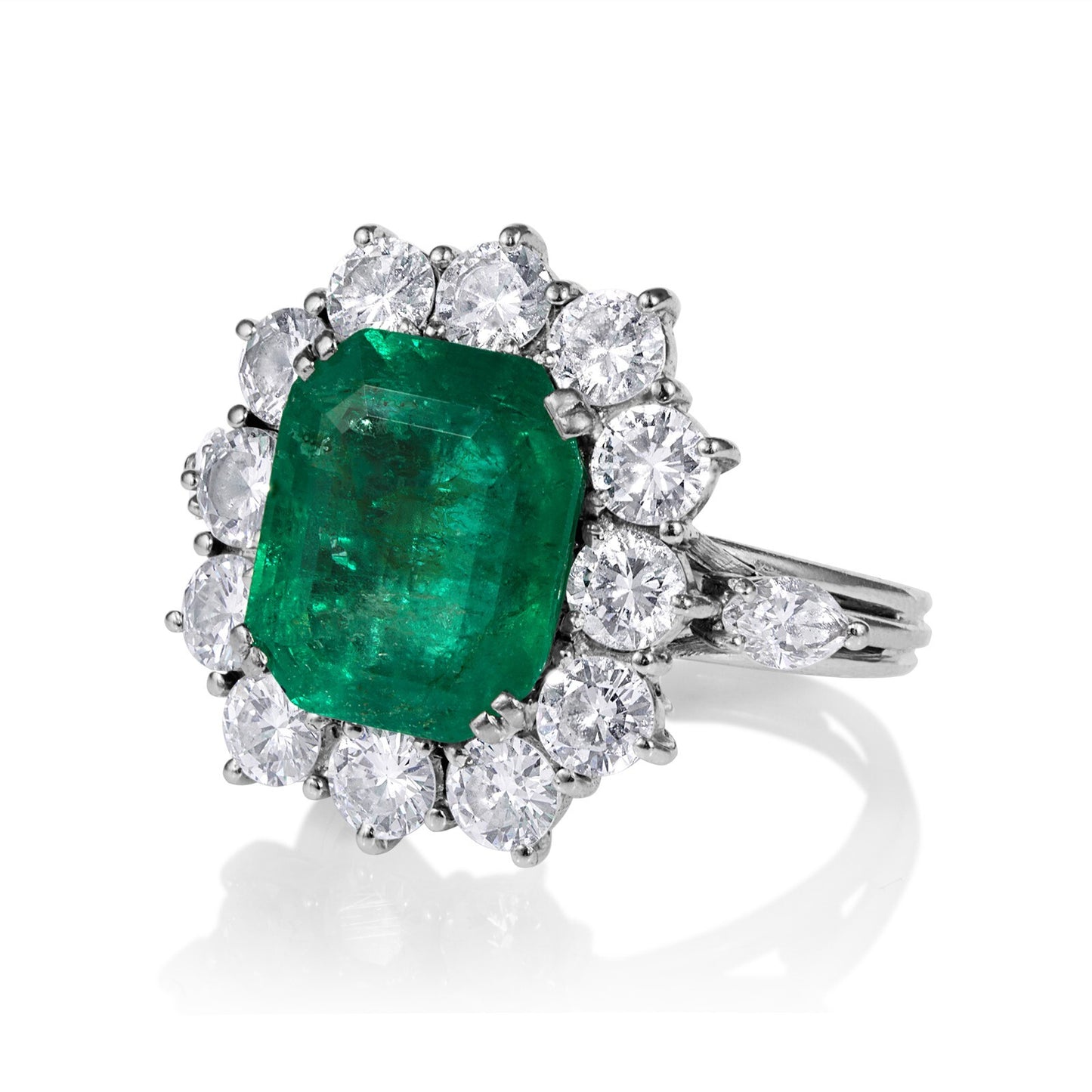 3.65ct Colombian Green Emerald Diamond Cluster Ring — GIA Certified, 18k White Gold