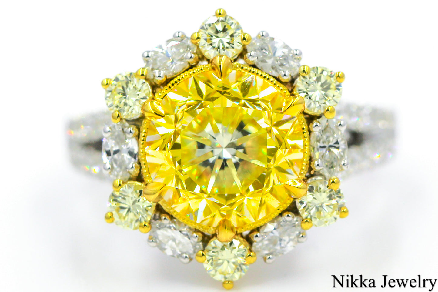 3.82ct Round Brilliant Fancy Yellow Diamond Engagement Ring — GIA Certified, 18k White Gold