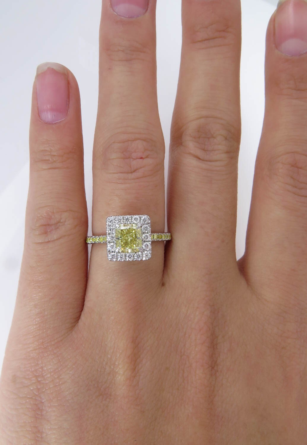 1.55ct Fancy Yellow Radiant Diamond Halo Engagement Ring — GIA Certified, Platinum