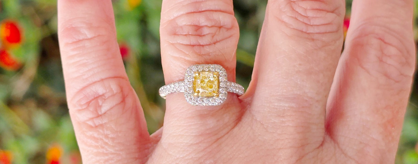 1.01ct Cushion Fancy Light Yellow Diamond Ring — GIA Certified, 18k White Gold