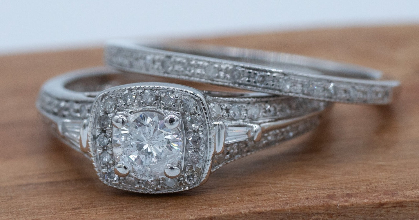 0.58ct Round Brilliant Diamond Milgrain Wedding Set — GIA Certified, 14k White Gold