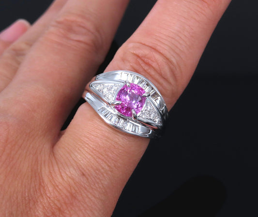 2.12ct Cushion Cut Pink Sapphire & 0.54ct Diamond Ring — GIA Certified, Platinum