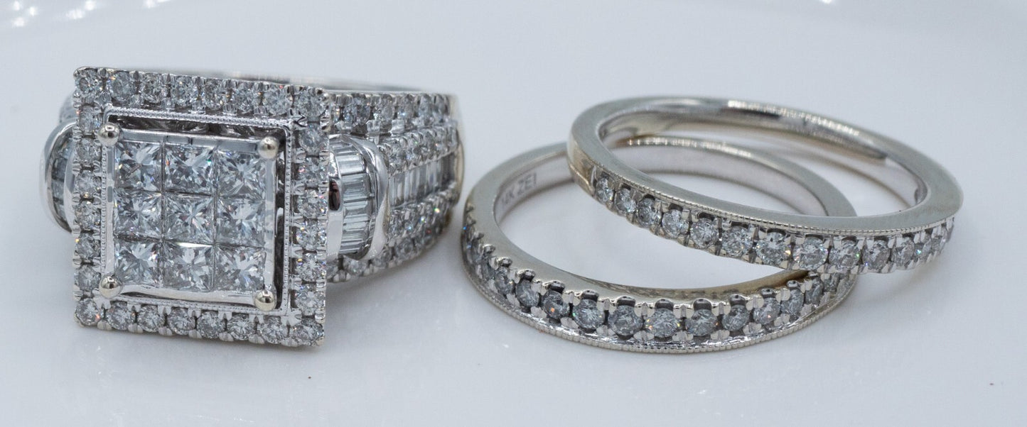 3.19ct Princess Cut Diamond Halo Wedding Set — GIA Certified, 14k White Gold