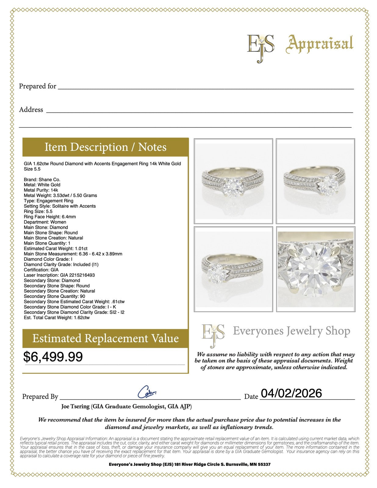1.22ct Round Brilliant Diamond Engagement Ring — GIA Certified, 14k White Gold