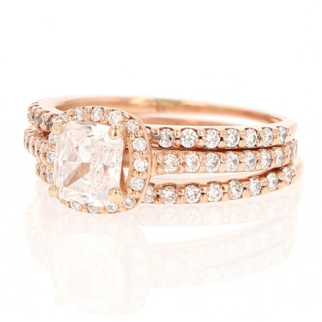 1.41ct Cushion Diamond Halo Pavé Wedding Set — GIA Certified, 14k Rose Gold