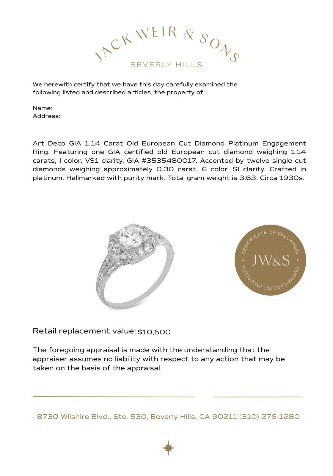 1.14ct Old European Cut Diamond Art Deco Ring — GIA Certified, Platinum