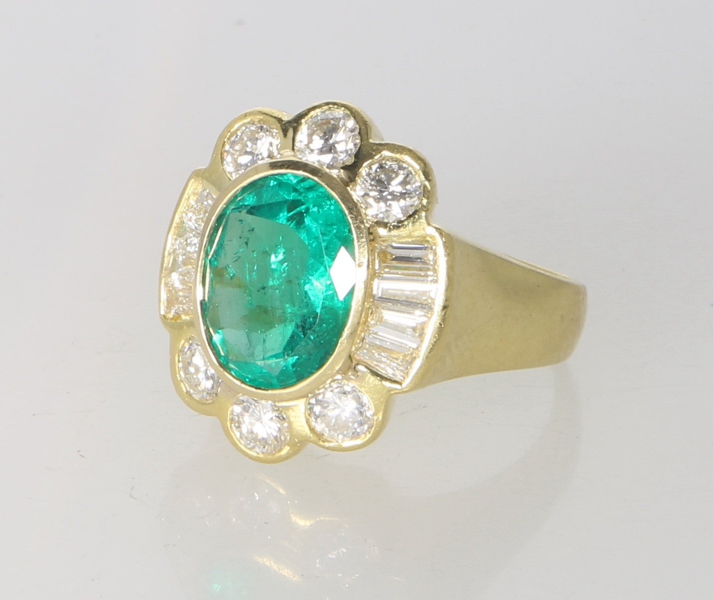 3ct Oval Emerald Diamond Baguette Cocktail Ring — GIA Certified, 18k Yellow Gold