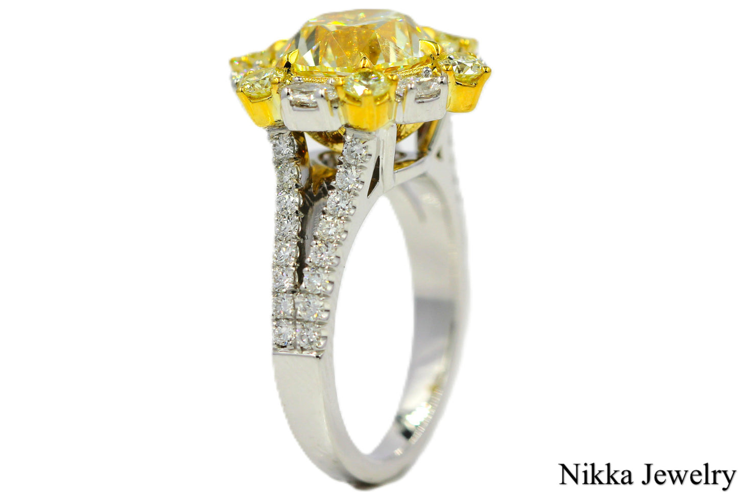 3.82ct Round Brilliant Fancy Yellow Diamond Engagement Ring — GIA Certified, 18k White Gold
