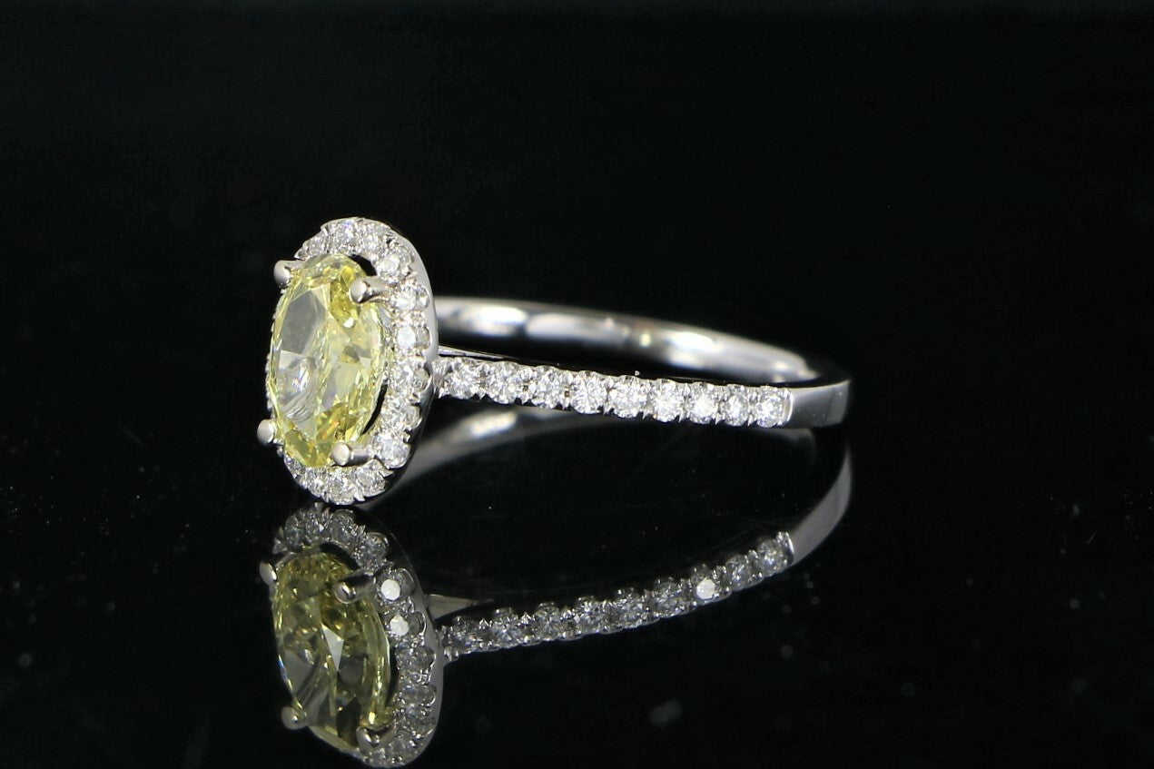 1.00ct Oval Fancy Intense Yellow Diamond Halo Engagement Ring — GIA Certified, 14k White Gold