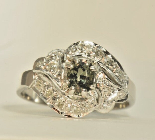 0.76ct Oval Alexandrite Vintage Diamond Ring — GIA Certified, 10k White Gold