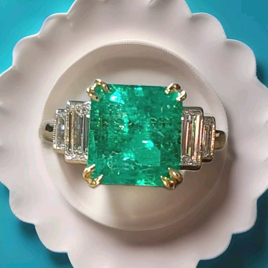 5.87ct Emerald Cut Colombian Emerald Ring — GIA Certified, Platinum & 18k Yellow Gold
