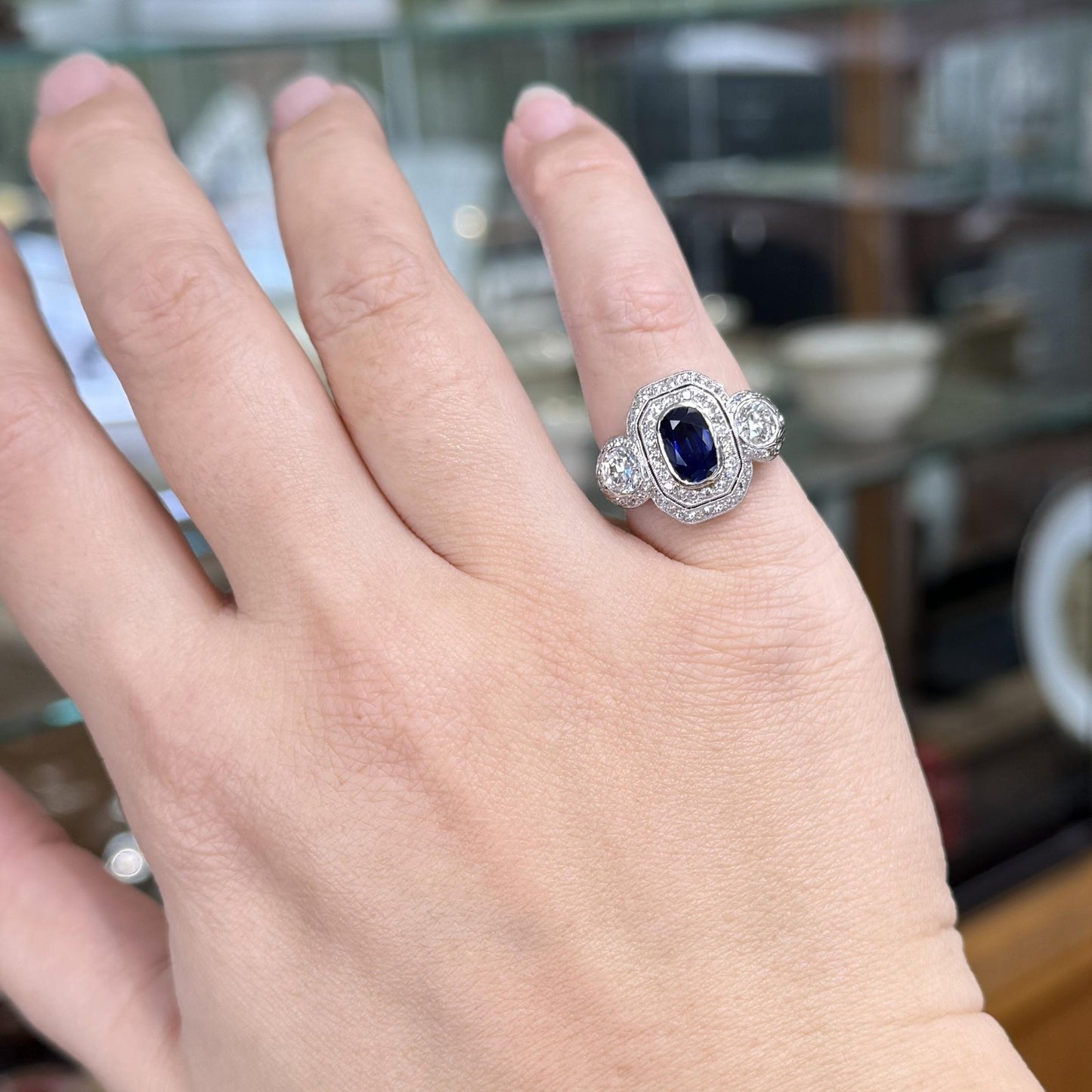 1.56ct Oval Sapphire Diamond Edwardian Ring — GIA Certified, Platinum