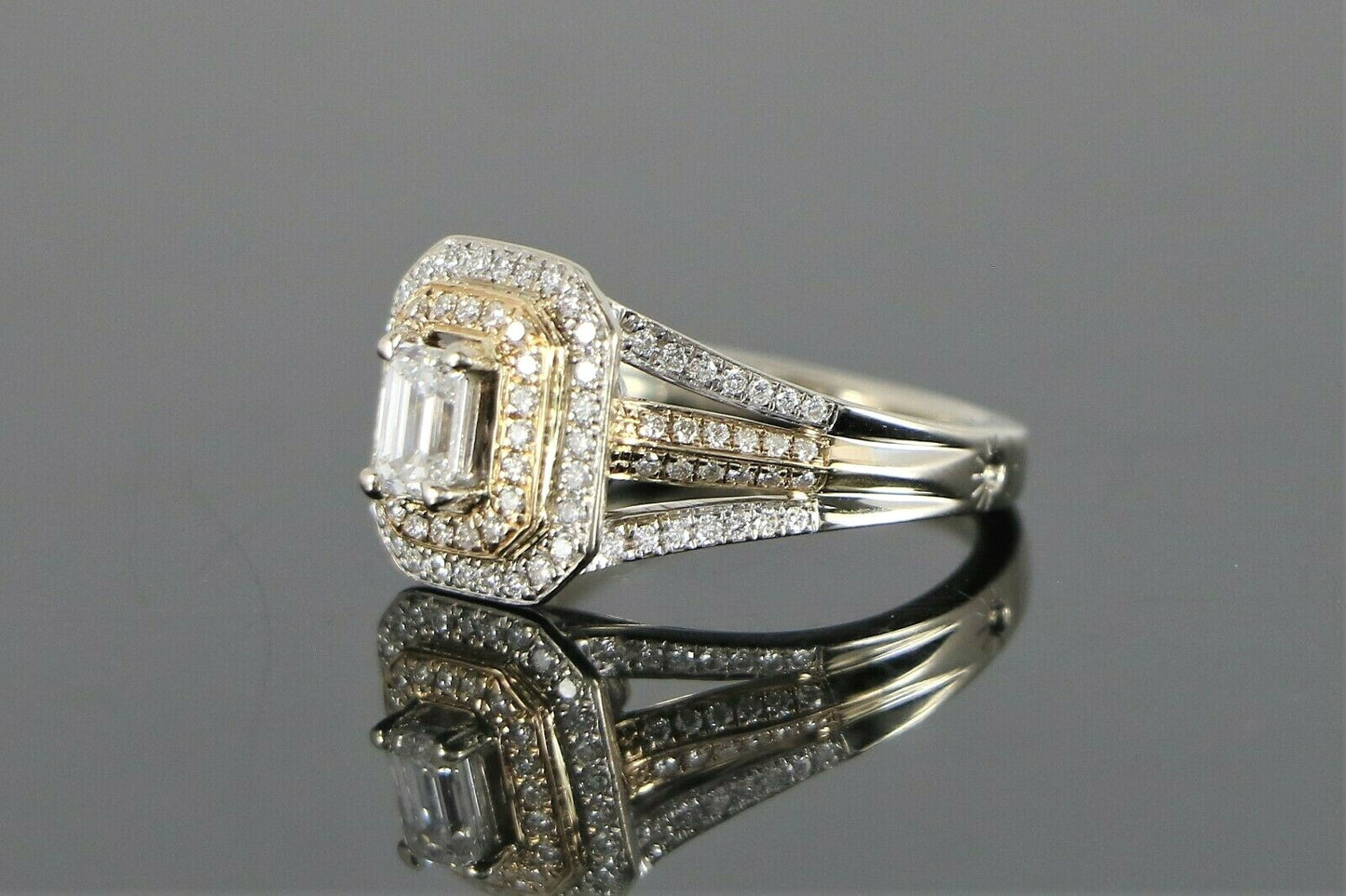 0.50ct Emerald Cut Diamond Double Halo Engagement Ring — GIA Certified, 14k White & Rose Gold