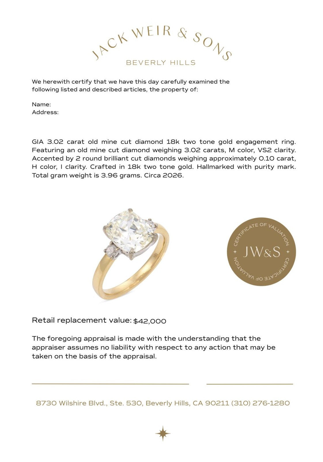 3.02ct Old Mine Cut Diamond Solitaire Ring — GIA Certified, Multi-Tone Gold