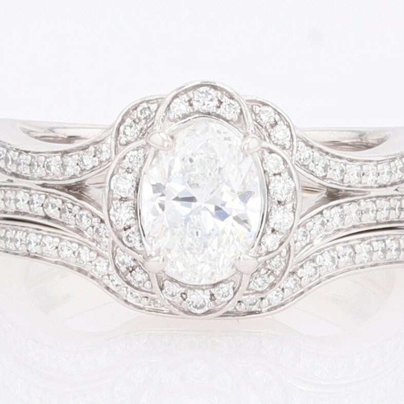 0.88ct Oval Diamond Halo Wedding Set — GIA Certified, 14k White Gold