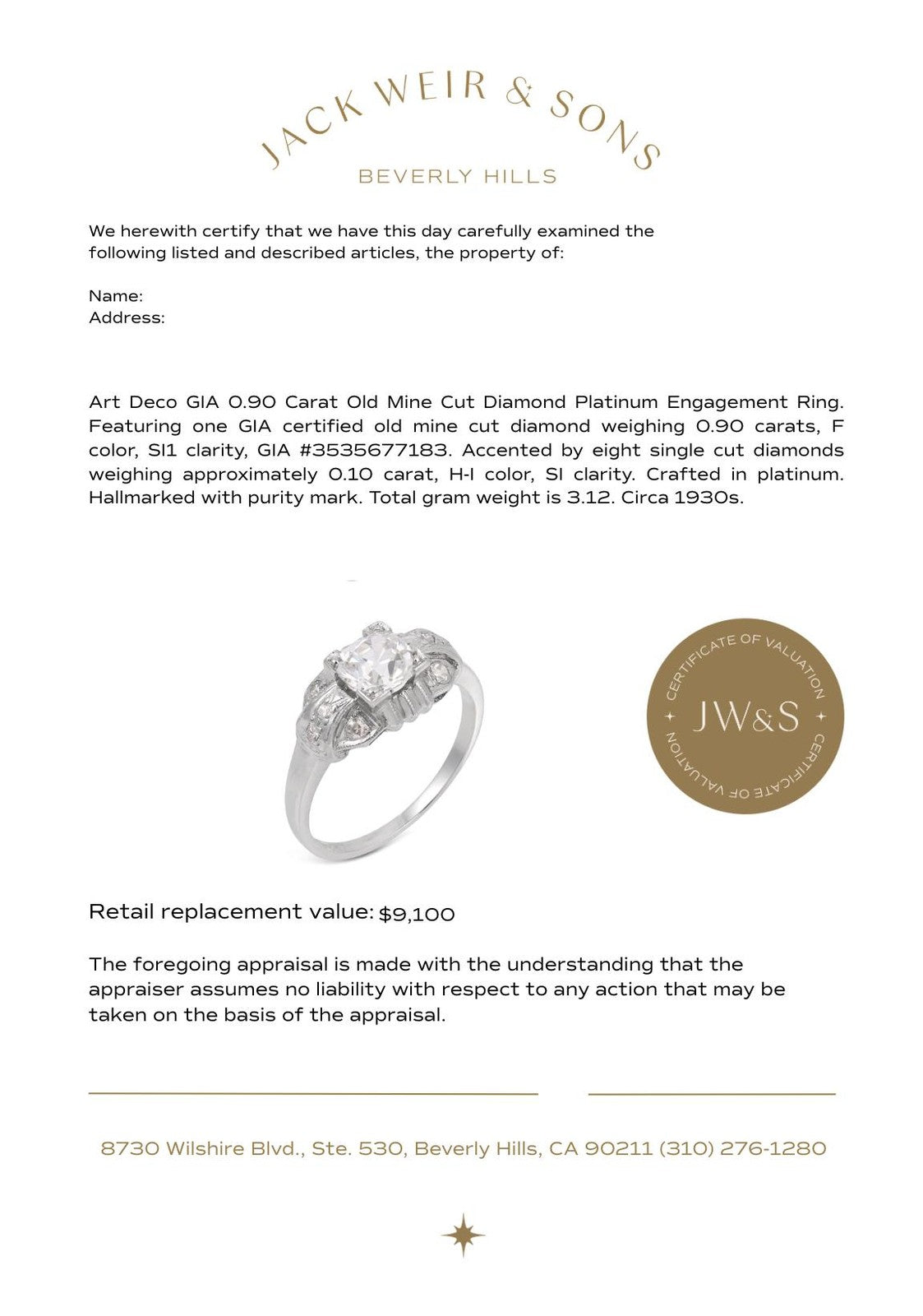0.90ct Old Mine Cut Diamond Art Deco Ring — GIA Certified, Platinum