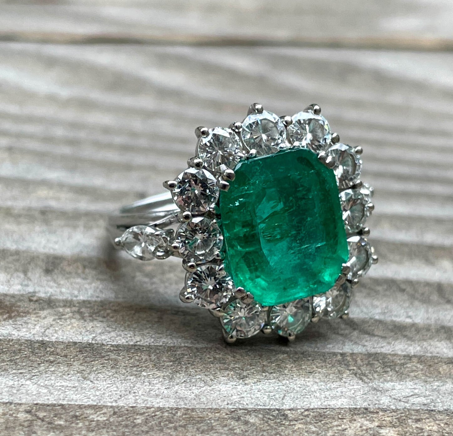 3.65ct Colombian Green Emerald Diamond Cluster Ring — GIA Certified, 18k White Gold