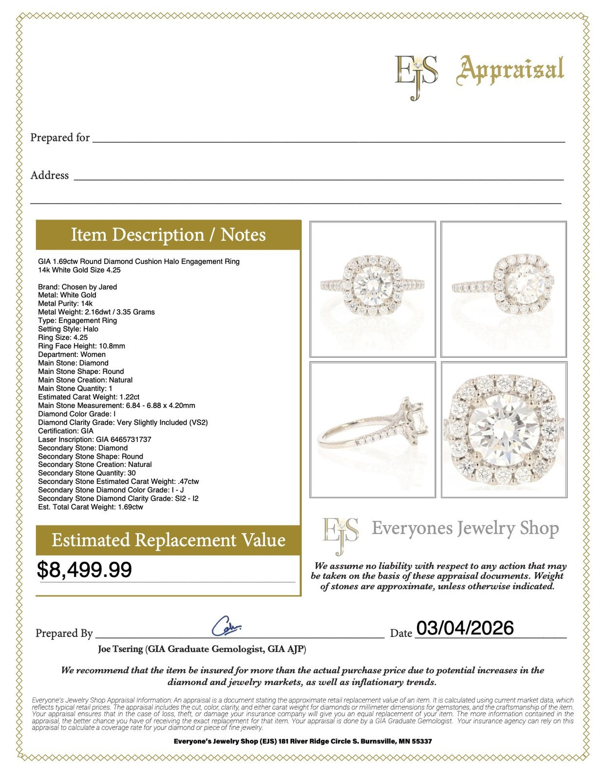 1.69ct Round Brilliant Diamond Engagement Ring — GIA Certified, 18k White Gold
