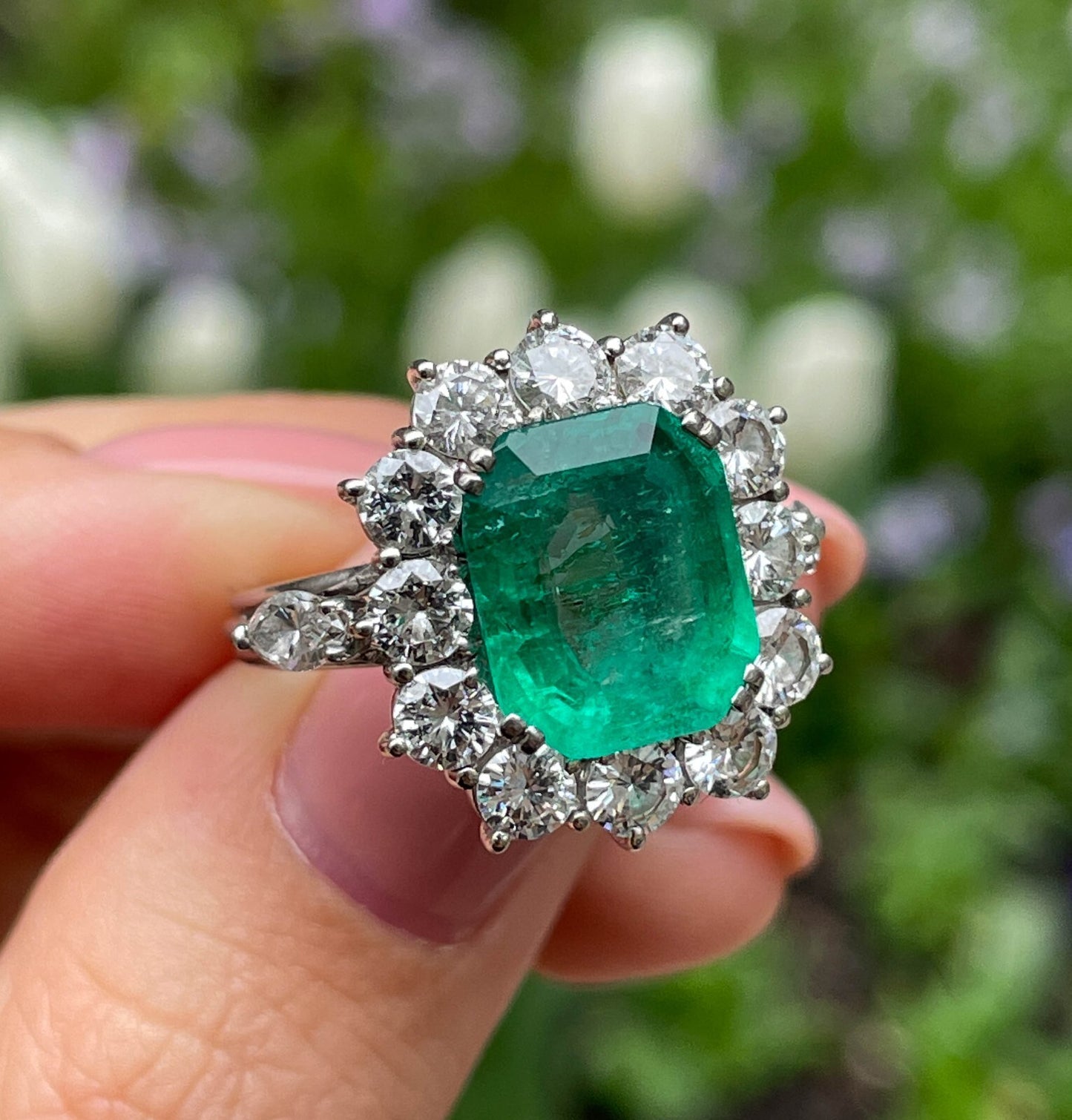 3.65ct Colombian Green Emerald Diamond Cluster Ring — GIA Certified, 18k White Gold