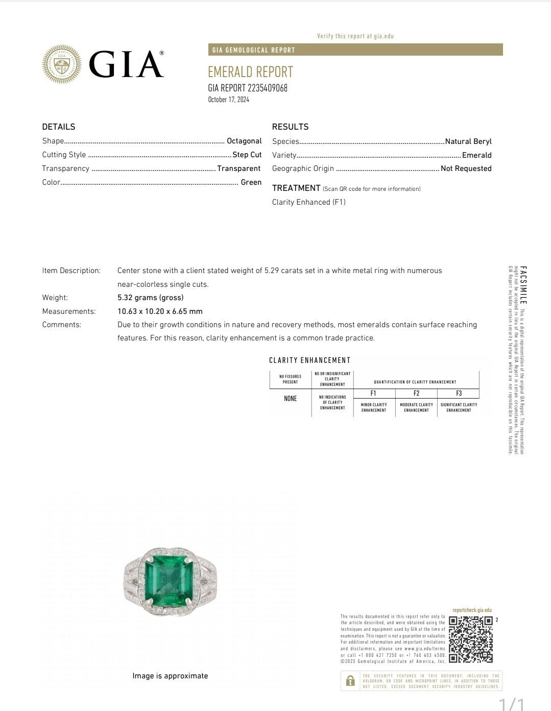 5.29ct Octagonal Step Cut Green Emerald Statement Ring — GIA Certified, 14k White Gold