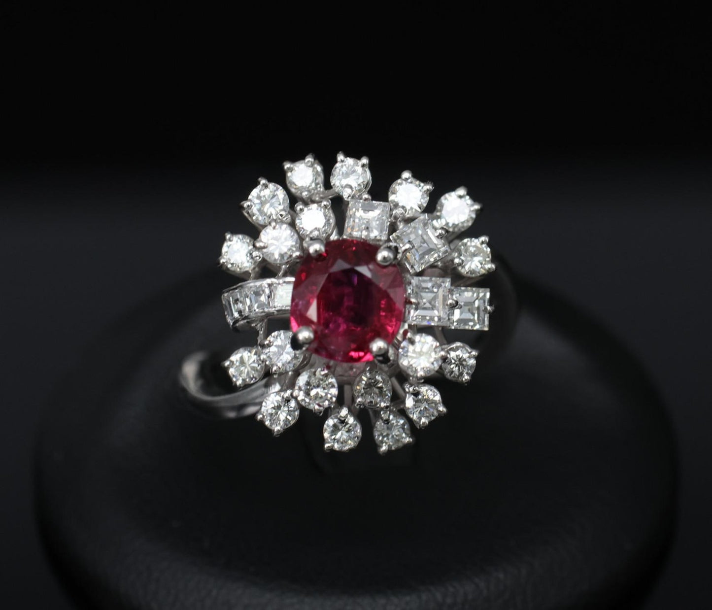 1.67ct Cushion Ruby & 1.50ct Diamond Cocktail Ring — GIA Certified, 18k White Gold