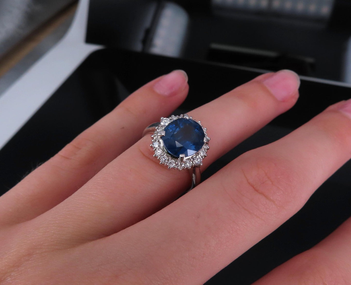 4.06ct Oval Diamond Sapphire Halo Ring — GIA Certified, 14k White Gold