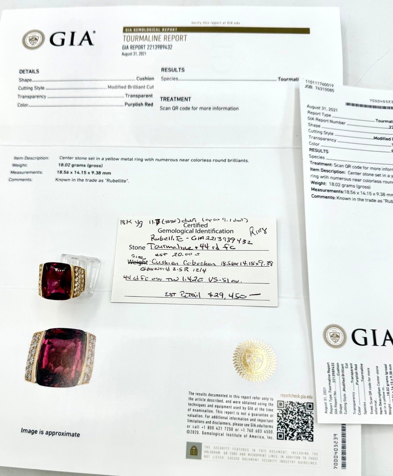 20ct Cushion Rubelite Tourmaline & Diamond Ring — GIA Certified, 18k Yellow Gold