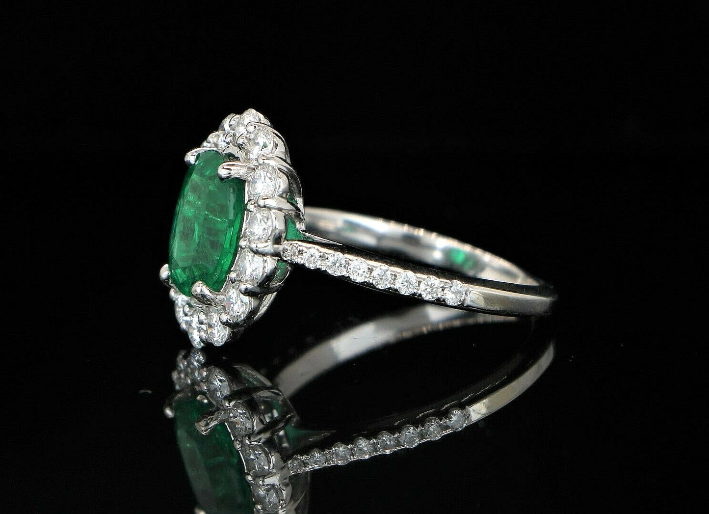 1.60ct Oval Emerald with Diamond Halo Ring — GIA Certified, 18k White Gold