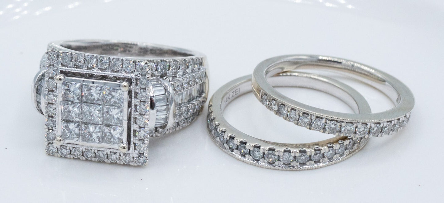 3.19ct Princess Cut Diamond Halo Wedding Set — GIA Certified, 14k White Gold