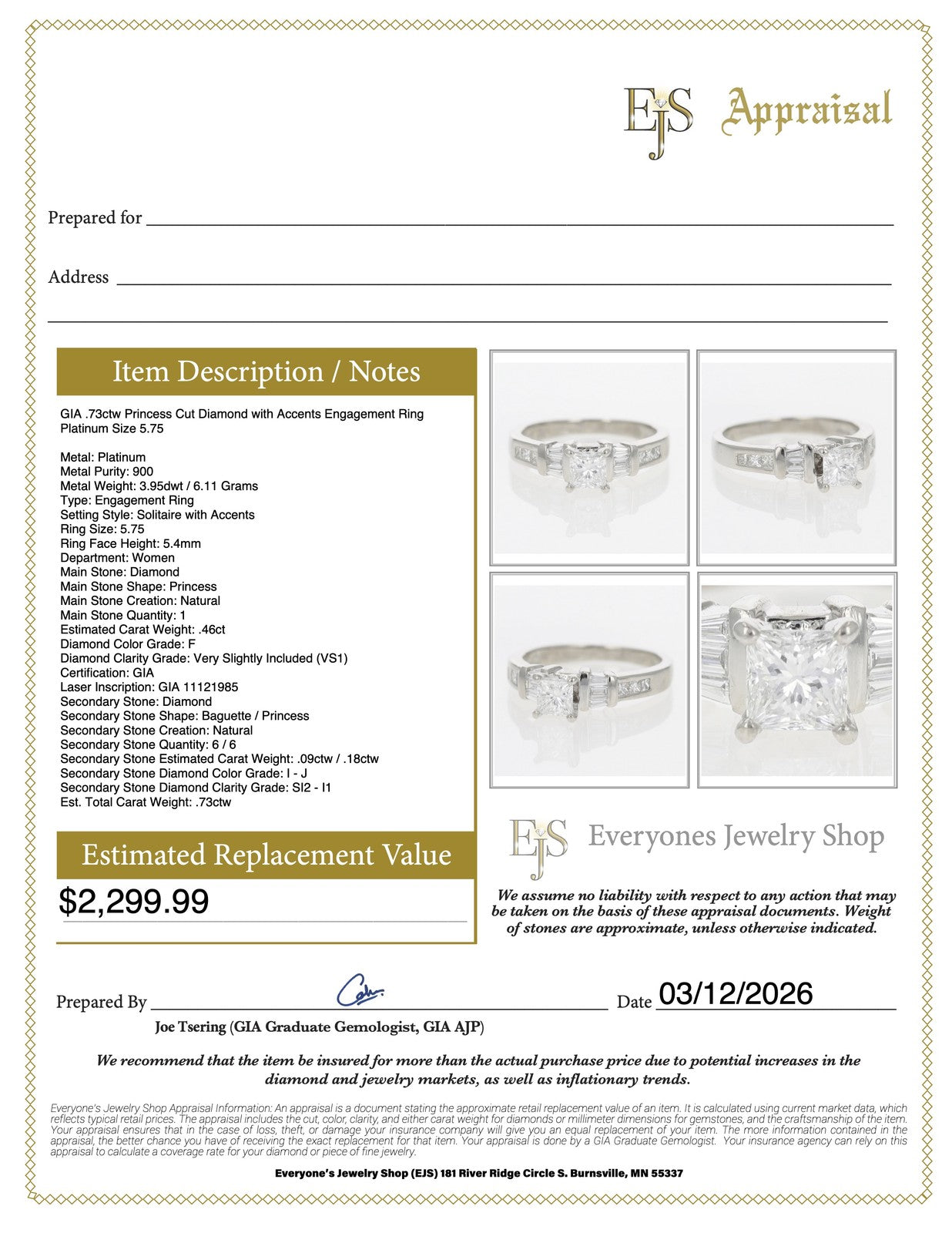 0.73ct Princess Cut Diamond Solitaire Ring — GIA Certified, Platinum
