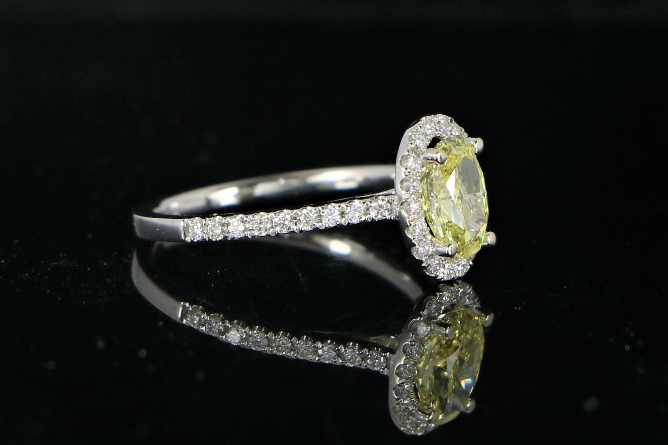1.00ct Oval Fancy Intense Yellow Diamond Halo Engagement Ring — GIA Certified, 14k White Gold
