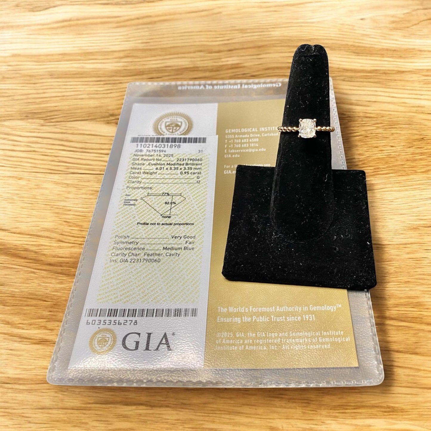 0.95ct Cushion Diamond Beaded Band Solitaire Ring — GIA Certified, 14k Yellow Gold