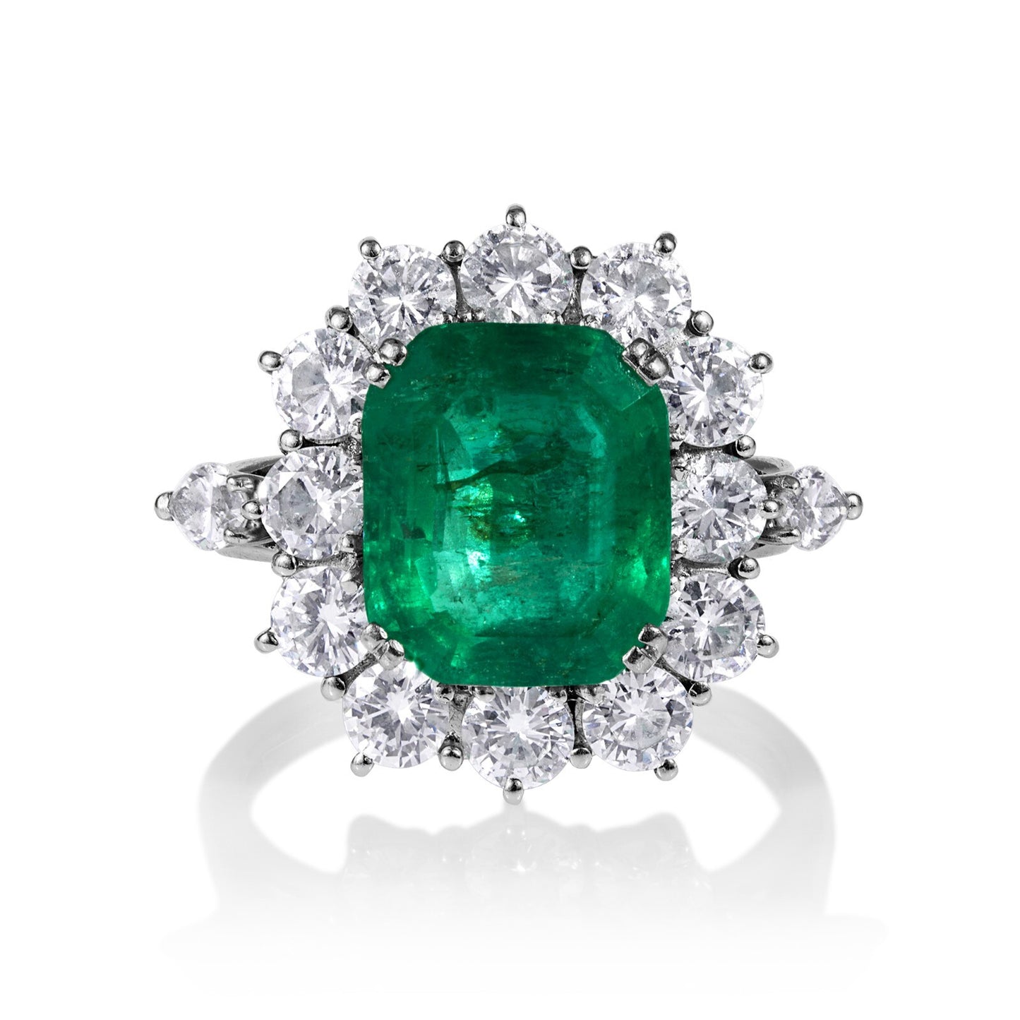 3.65ct Colombian Green Emerald Diamond Cluster Ring — GIA Certified, 18k White Gold