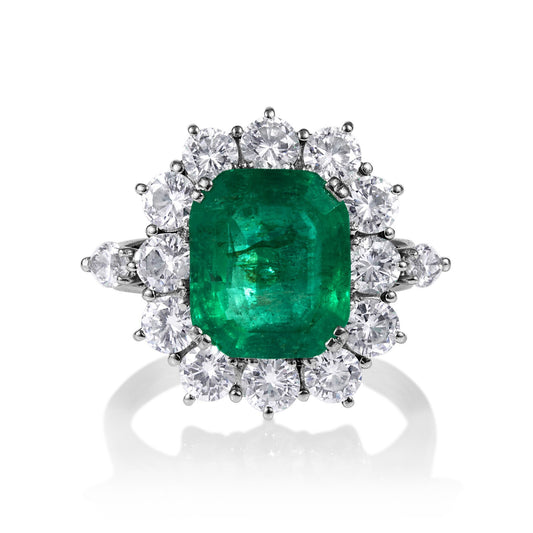 3.65ct Colombian Green Emerald Diamond Cluster Ring — GIA Certified, 18k White Gold