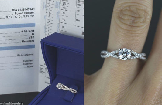 0.50ct Round Brilliant Diamond Twisted Engagement Ring — GIA Certified, 18k White Gold